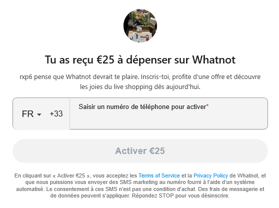 bonus gratuit 25 euros whatnot